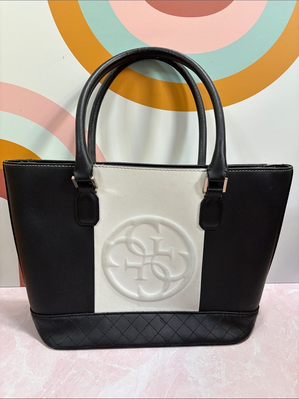 Black & White Two-Tone Tote Bag with Embossed Logo
